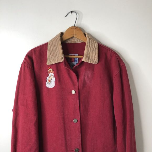 Vintage Sunbelt Denim Chore Coat Red Jean Jacket Snowman Winter Womens Small - Picture 2 of 10